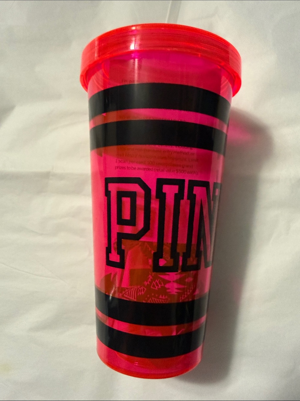 PINK Striped Reusable PINK Tumbler (Bonus Mini Dog inside) with Straw (NWT) - Picture 3 of 7